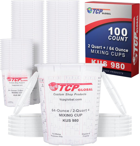 Custom Shop Paint Mixing Cups, 64-Ounce (Box of 100) - Plastic Measuring Cups for Liquids, Automotive Painting, Epoxy Resin, Acrylic Arts, Crafts, Disposable or Reusable, Graduated, Mixing Ratios