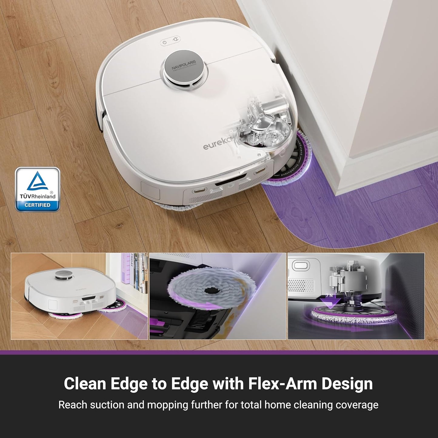 Eureka J15 Pro Ultra Robot Vacuum and Mop with Self Emptying Base, 16,200 Pa Suction, Flex-Arm Design Mop, Auto Mop Hot Water Washing & Hot Air Drying, Anti-Tangle, AI Obstacle Avoidance, White