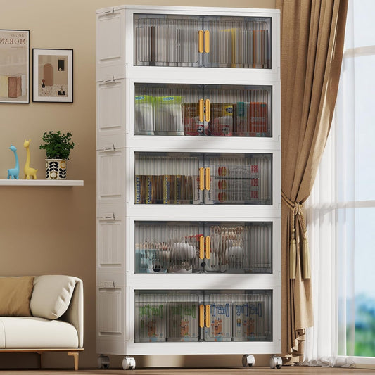 125Gal Stackable Plastic Storage Bins with Lids, Collapsible Closet Organizers and Storage with Wheels for Living Room,Office,Dorm, 30.5" W x 14.6" D x 64.6" H, 5 Tier