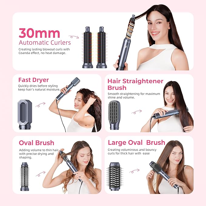 6 in 1 Blow Dryer Brush Set & Hot Air Styler, Negative Ionic Hair Dryer Brush Hair Styling Tools for Fast Drying Straightening Curling Voluming, Ideal Gifting for Women (Blue)