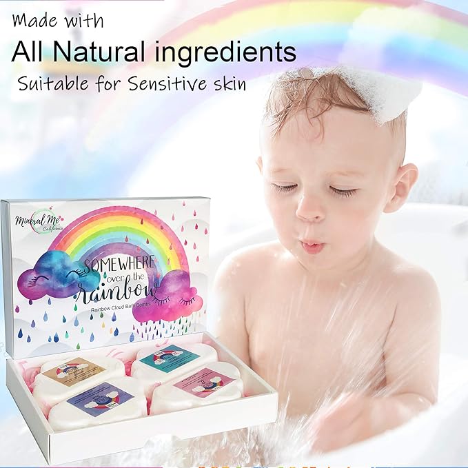 Bath Bombs for Kids - Natural and Organic Magic Rainbow Bubble Bath Bombs w/Moisturizing Shea Butter and Natural Oils, 4 Large Unicorn Cloud BathBombs for Girls, Boys, Women, Birthday Gift for Her