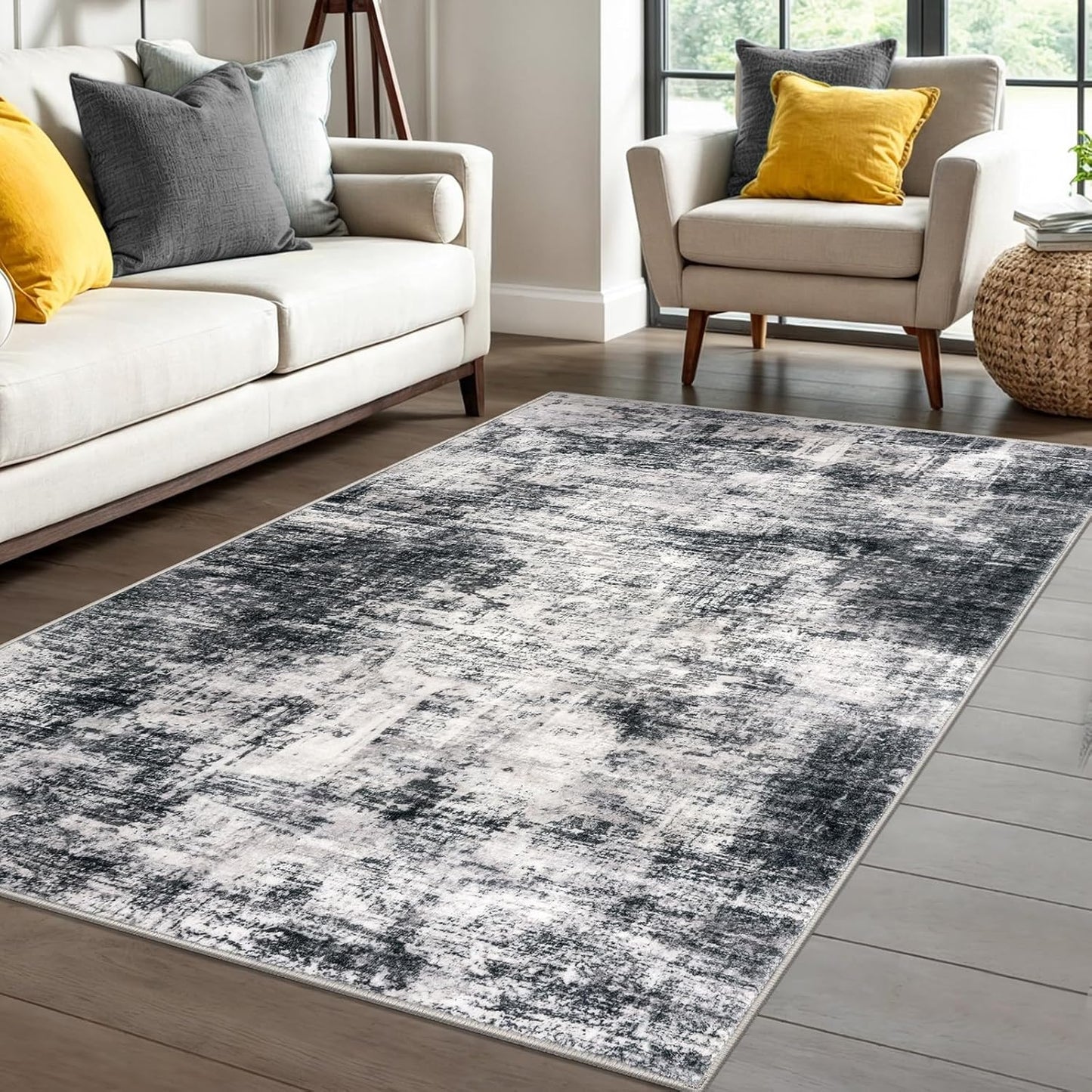 IOHOUZE Abstract Area Rug 4x6 Ft Washable Rugs for Entryway Indoor, Non Slip Small Living Room Rugs Printed Faux Wool Throw Rug, Floor Carpet for Kitchen Nursery Playroom, Black Grey