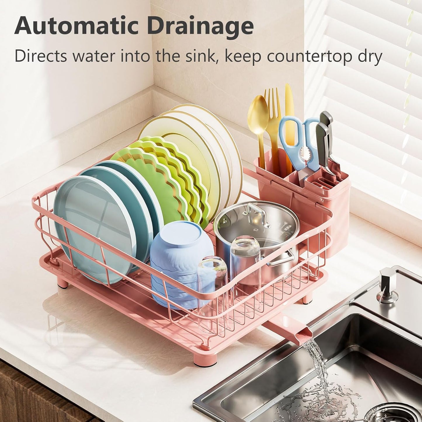 Iron Dish Drying Rack Auto Drain Dish Drainers Kitchen Counter Strainer with Draining Tray, Pink