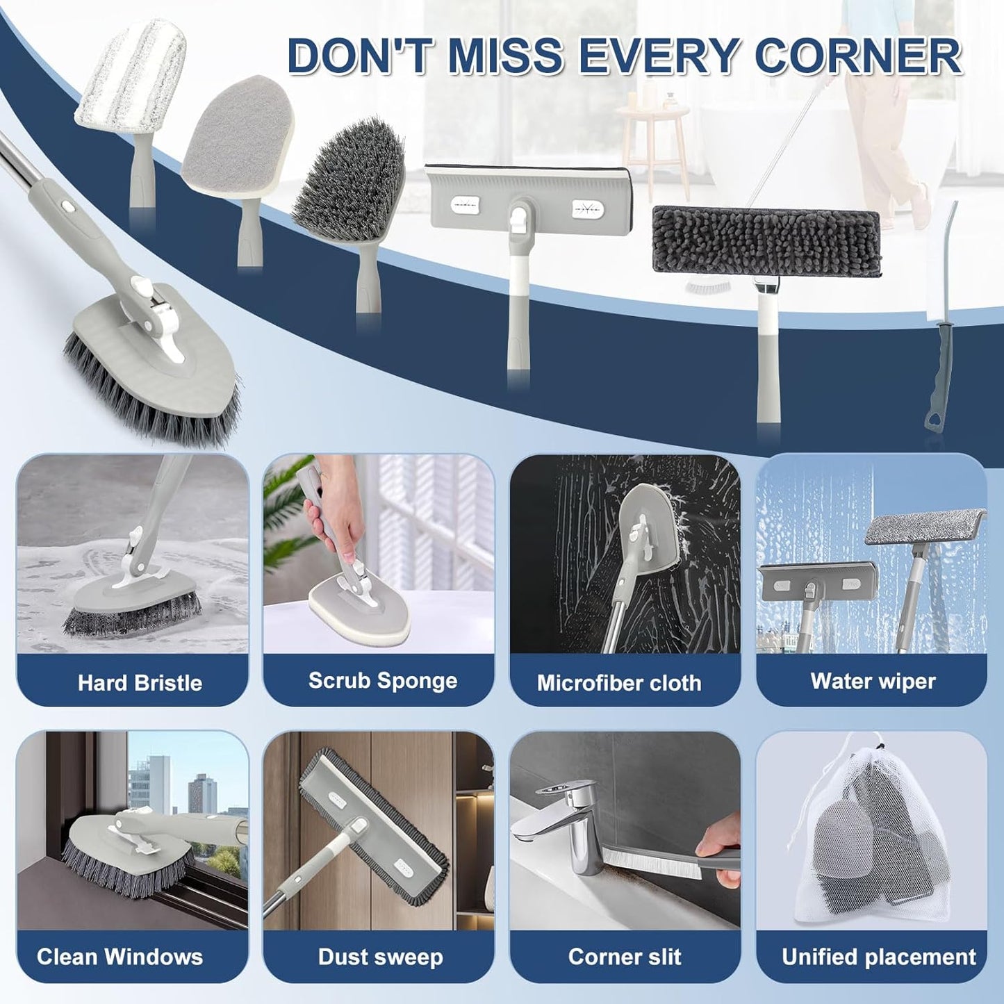 Tile Tub Floor Cleaner Scrubber With Long Handle - 5-in-1 Shower Brush Set for Bathroom, Kitchen, Walls, Sink - Includes Window Scraper and 3 Detachable No Scratch Heads