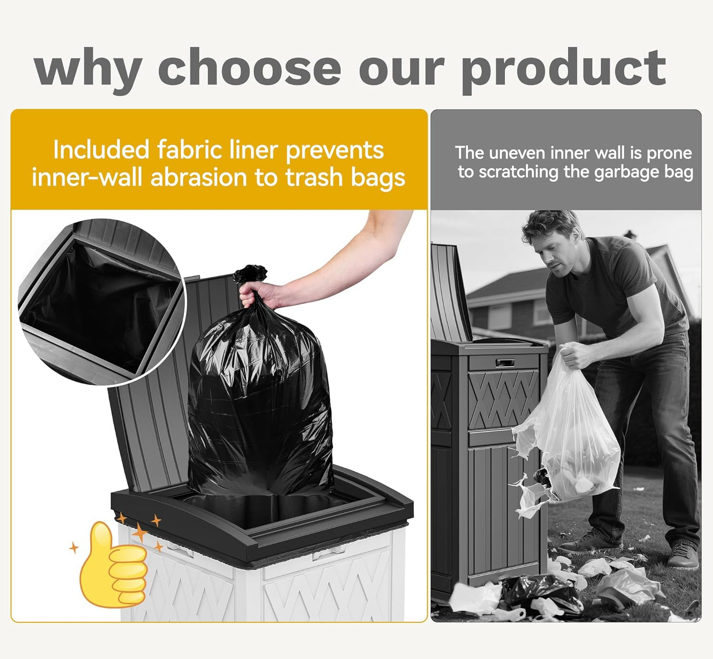 DWVO 36-Gallon Outdoor Trash Can with Fabric Bag, Tiered Lid & Drip Tray, Waterproof Resin Garbage Bin for Patio, Deck, and Backyard, White & Black