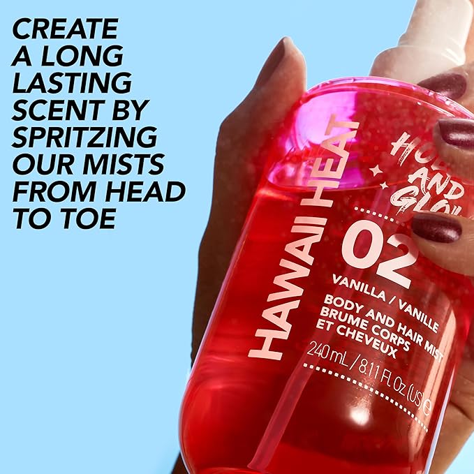 Holler & Glow Hawaii Heat Body & Hair Mist, Warm Vanilla, Peony & Amber Scent, Long-Lasting Daily Fragrance, Lightweight, Vegan, Cruelty-Free, Alcohol-Free, Hydrating Hair Perfume, 8.11 Fl Oz