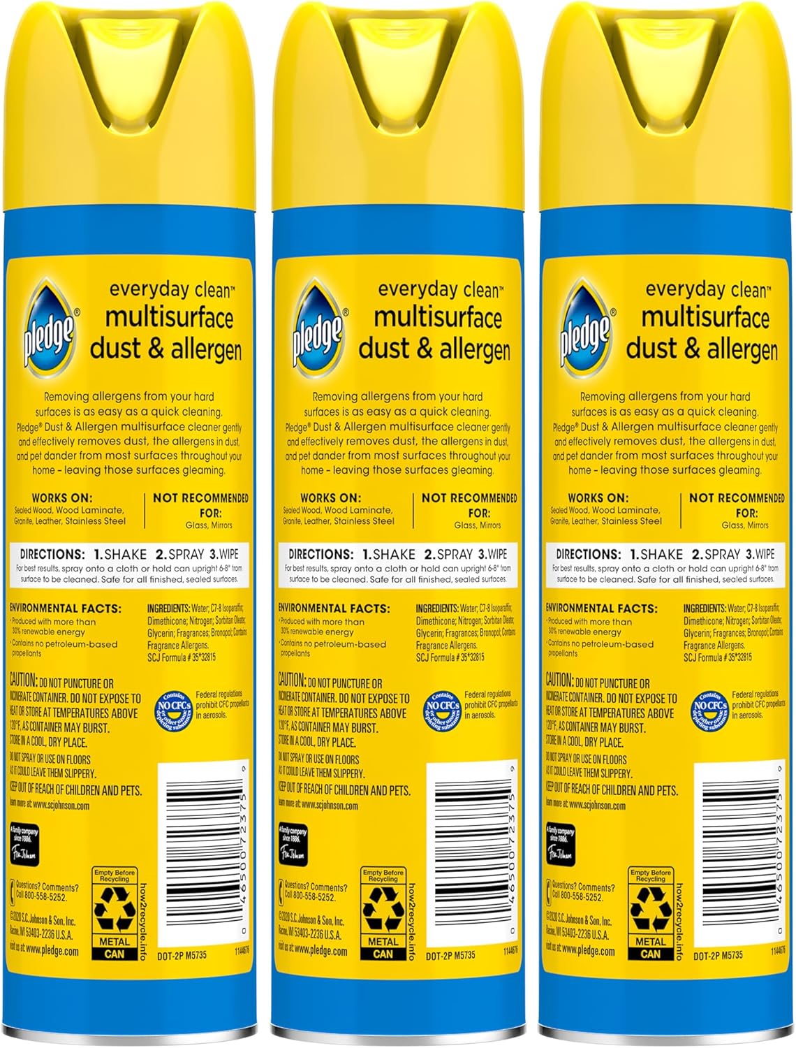 Pledge Dust & Allergen Multisurface Cleaner, Aerosol Spray, Lemon Scent, 9.7oz (Pack of 3)