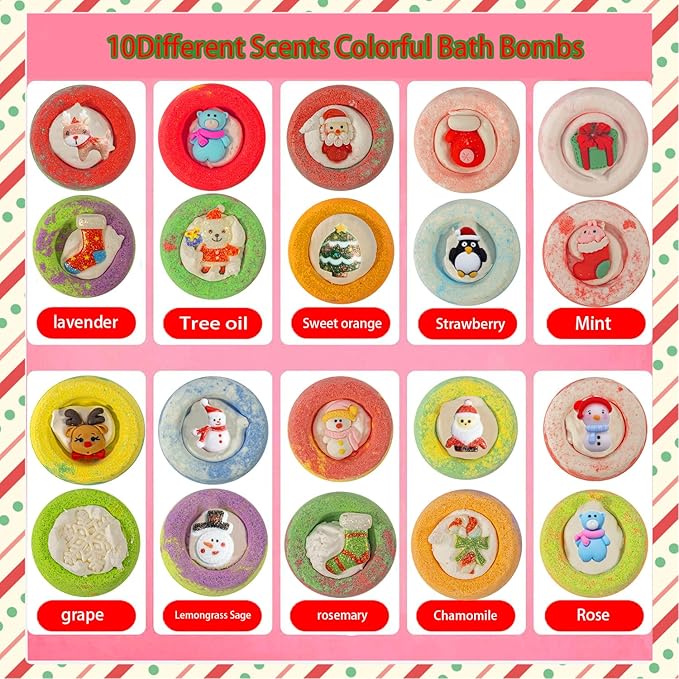20 Pack Christmas Bubble Bath Bombs，Bath Bombs for Kidswith Christmas Squishy Surprise Inside Kids Girls Boys Women Christmas Stocking Stuffers Gifts