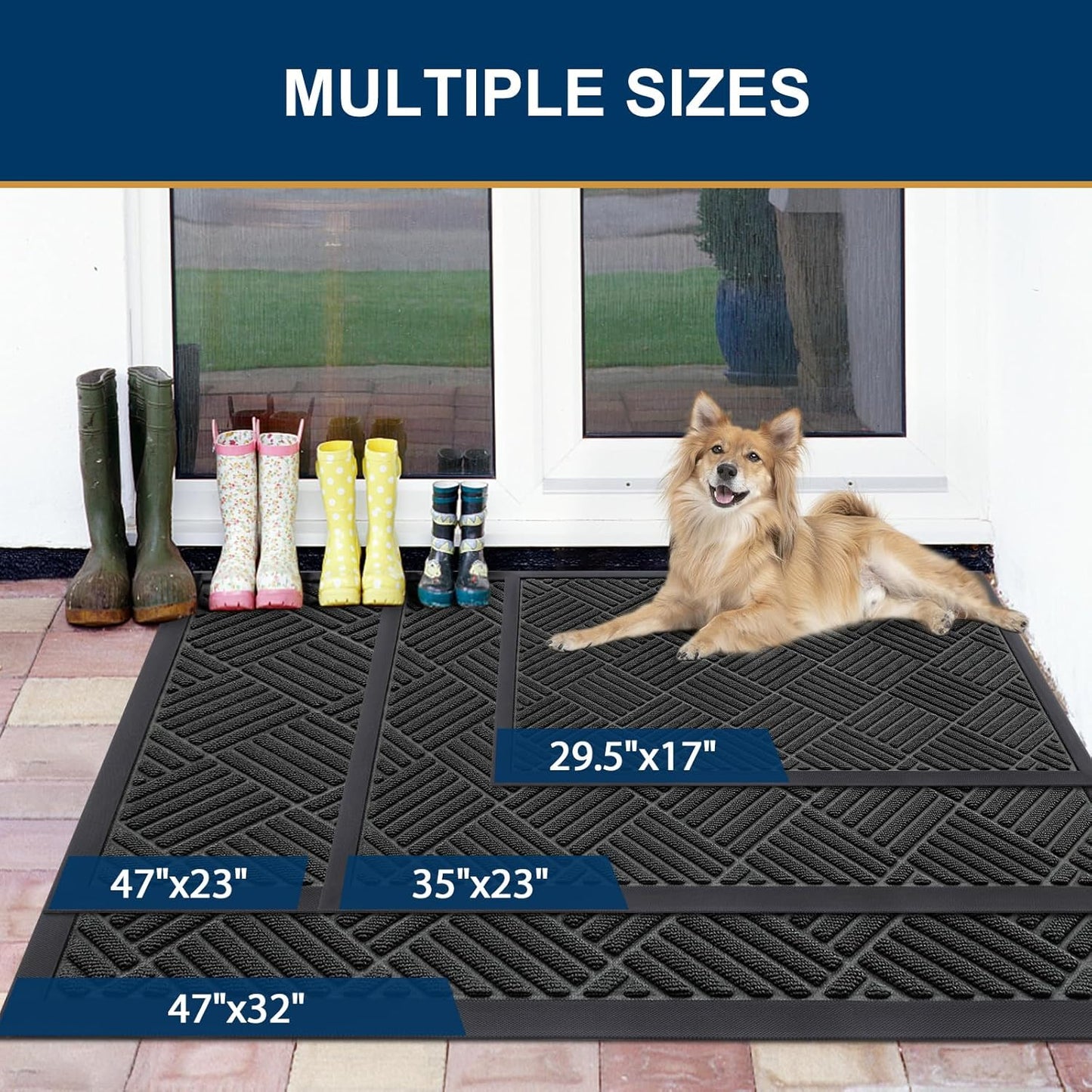 Smiry Front Door Mat Outside Entrance, Heavy Duty Outdoor Indoor Natural Rubber Doormat, Non Slip, Trap Dirt and Moisture, Easy Clean, Low Profile Patio Porch Entryway Mat, 59x23, Black