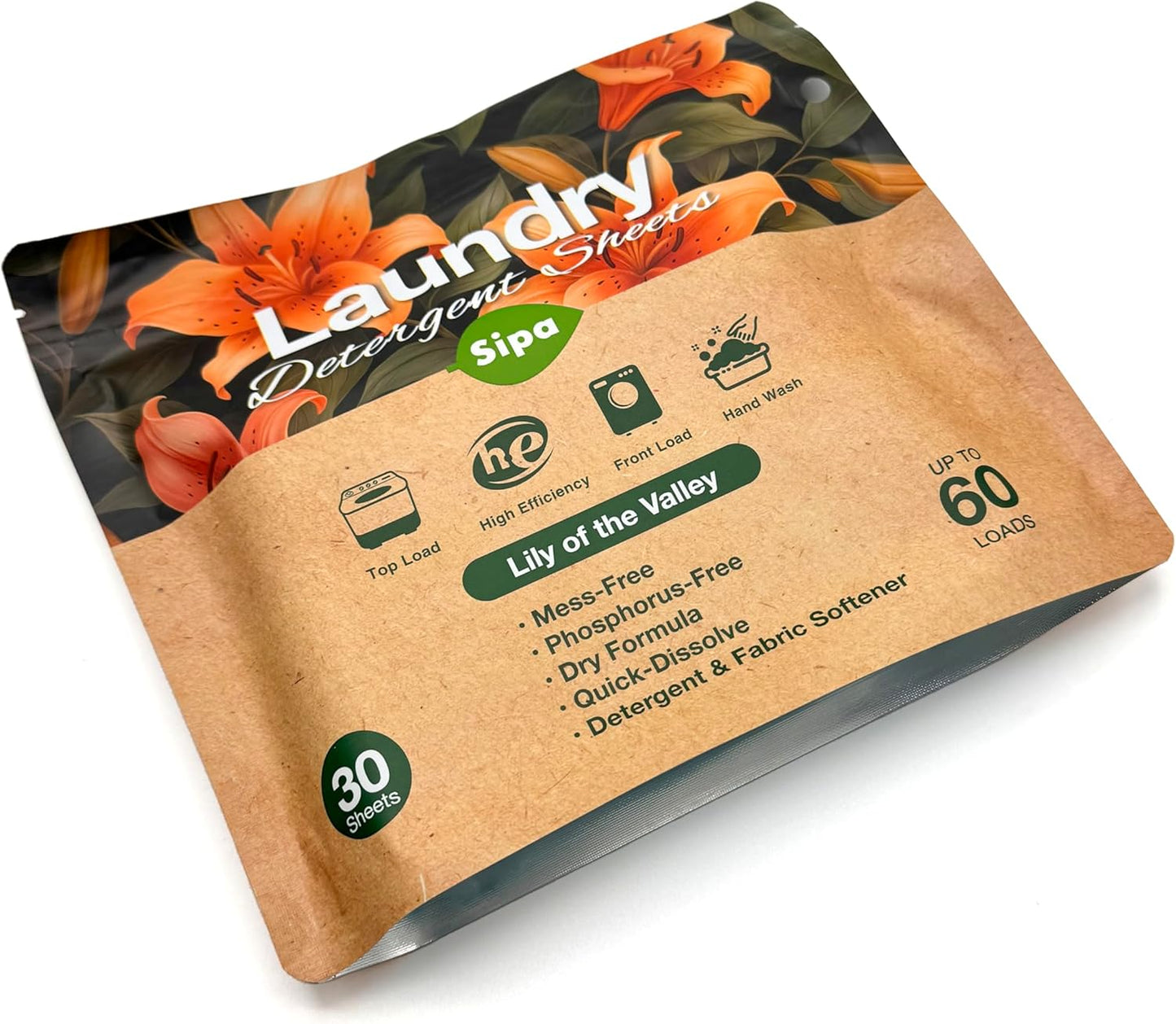 SIPA Laundry Detergent Sheets Bag - 30 Sheets, Up to 60 Loads, Lily of the Valley Scent, Phosphorus-Free, High Efficiency, (30 Count (Pack of 40))