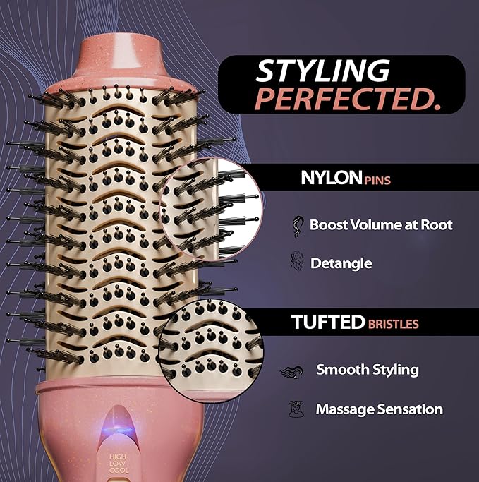 3” Large Barrel Ionic Hot Air Brush Hair Dryer – 75 mm One‑Step Volumizer Blowout Brush for Thick & Long Hair, 1100 W Plastic‑Tourmaline, Frizz Control, 3 Heat / 2 Speed, 13” Length