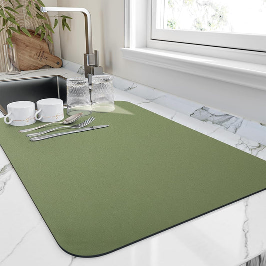 Dish Drying Mat for Kitchen Counter, Heat Resistant Drainer Mats with Non-slip Rubber Backed, Hide Stain Kitchen Super Absorbent Draining Mat, Easy to Clean Dish Rack Pad, Green 16"x20"