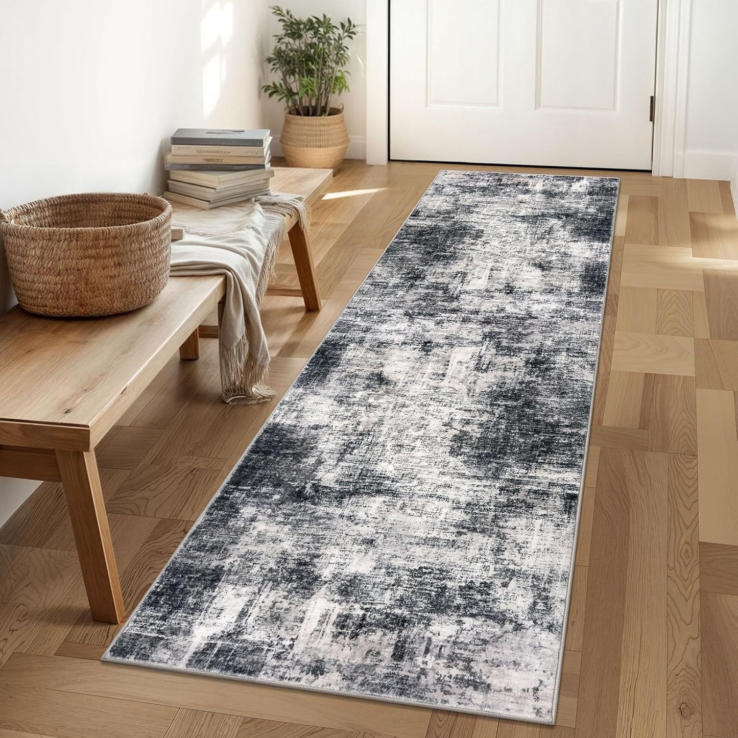 IOHOUZE Abstract Runner Rug 2x6 Ft Washable Runners for Hallways, Non Slip Kitchen Runner Printed Faux Wool Entryway Runner Indoor, Modern Abstract Floor Carpet for Hall Kitchen Bedroom, Black Gey