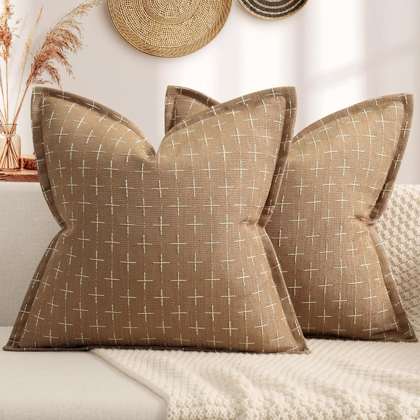 ZWJD Throw Pillow Pillow Covers 22x22 Set of 2 Soft Polyester Textured Pillow Covers with Stylish Flange Edge Cozy Farmhouse Throw Pillows for Couch Bed Sofa Living Room