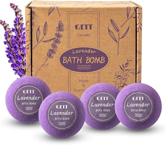 GETT Lavender Bath Bombs 4-pcs, Individually Wrapped Bath Bombs for Men & Women, Luxury Gift Set with Vegan and Essential Oils, Relaxing and Moisturizing Bubble Bath, Organic Bath Essentials for All