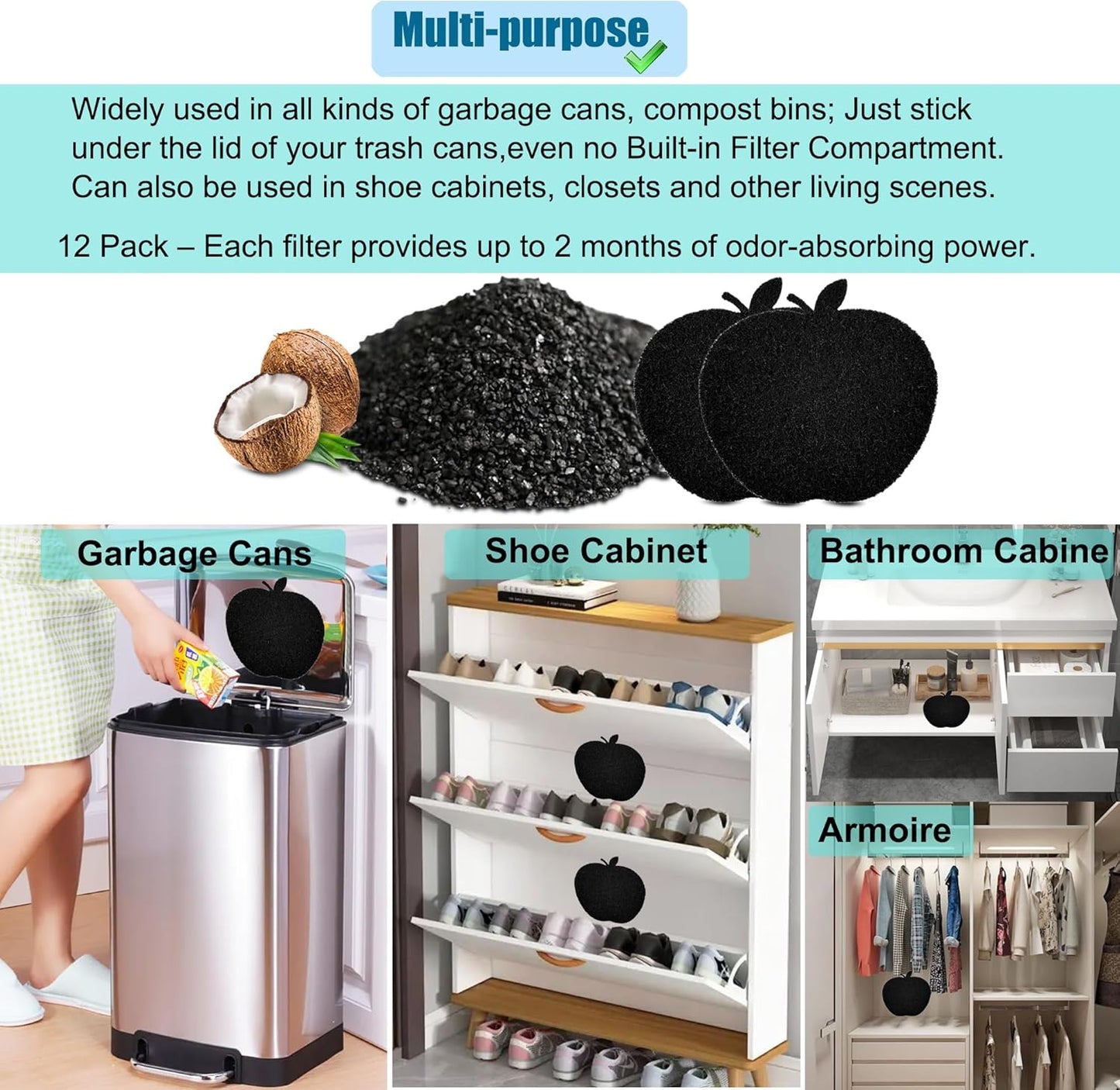 12-Pack Universal Trash Can Odor Absorbing Filters, Activated Charcoal Deodorizer for Trash Cans, Compost Buckets, Countertop and Recycle Bins (Apple)