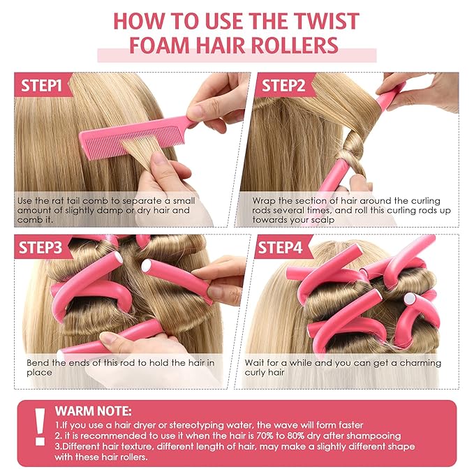 Syhood 30 Pcs Flexible Curling Rods 9.45 Twist Foam Rollers Soft Foam No Heat Hair Rods Rollers and 1 Steel Pintail Comb Rat Tail Comb for Women Long Short Hair(Pink,9.45 x 0.55 Inch)