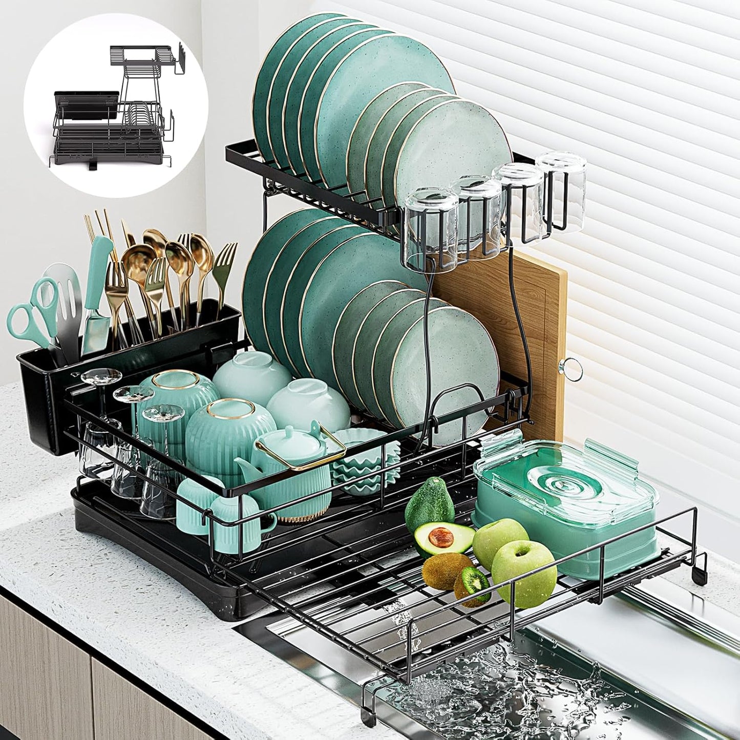 2 Tier Expandable Dish Drying Rack, Large Stainless Steel Dish Drying Rack Drainers for Kitchen Counter, Upgrade Dish Drainer with Utensil Holder, Drainboard & Cups Holder, Anti-Rust & Space Saving