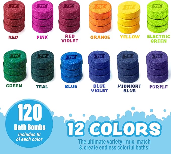 Tub Works® Bath Color Pops™ Moisturizing Kids Bath Bombs, 120 Count | Bath Bomb Refills for Bath Color Brush | Nontoxic & Fragrance-Free | 12 Unique Colors | Fizzy, Vibrant Water Color Tablets