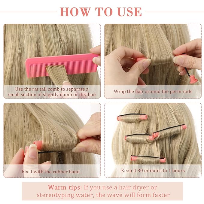 24 Pieces Hair Perm Rods Plastic Cold Wave Perming Curlers Hair Rollers with Steel Pintail Comb Rat Tail Comb Tools for Hairdressing Styling(Pink,0.51 Inches)