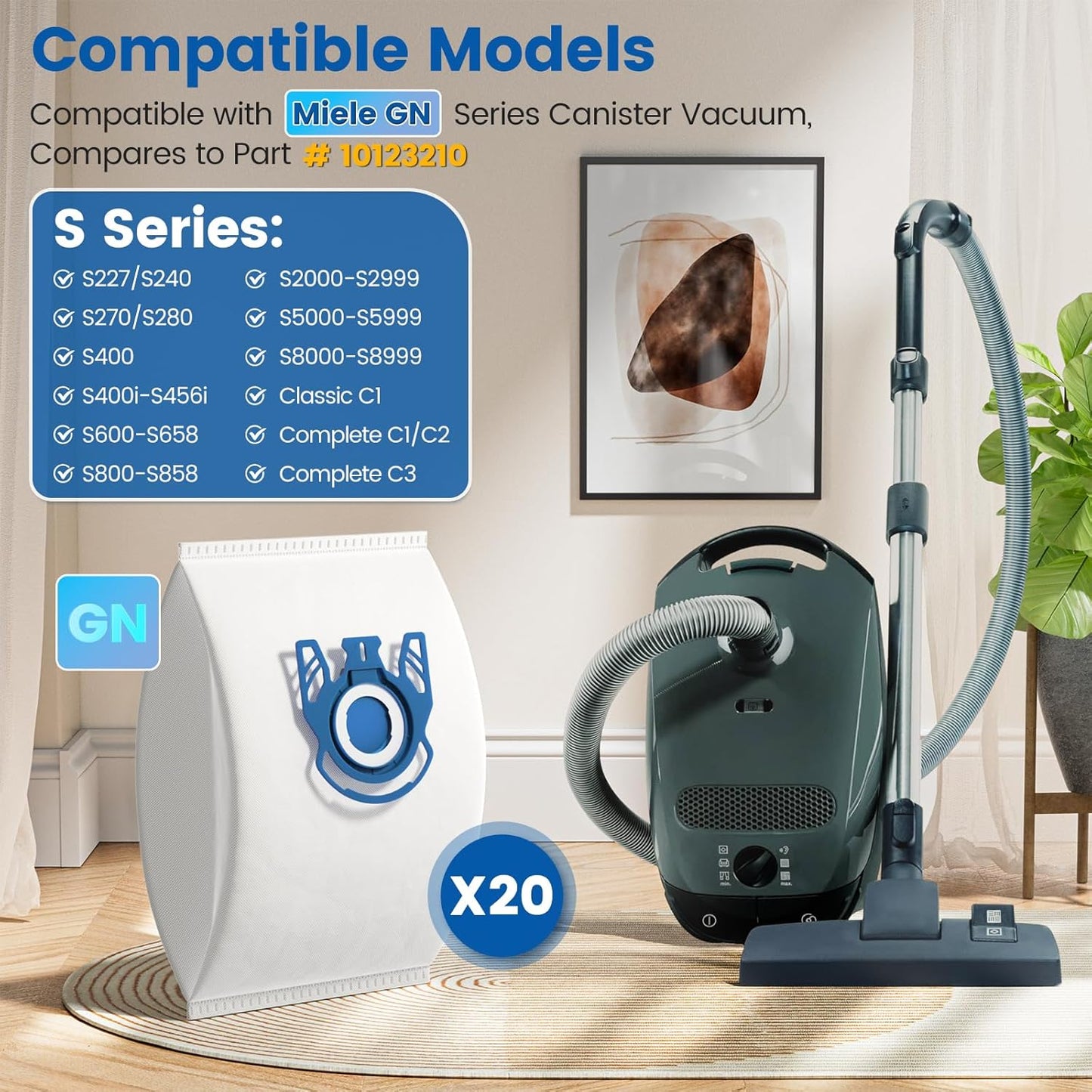 20 Pack 3D Airclean GN Vacuum Bags Compatible with Miele Classic C1, Complete C1, Complete C2, Complete C3, S227 S240, S270, S400, S2, S5, S8 Series Canister Vacuum Cleaner