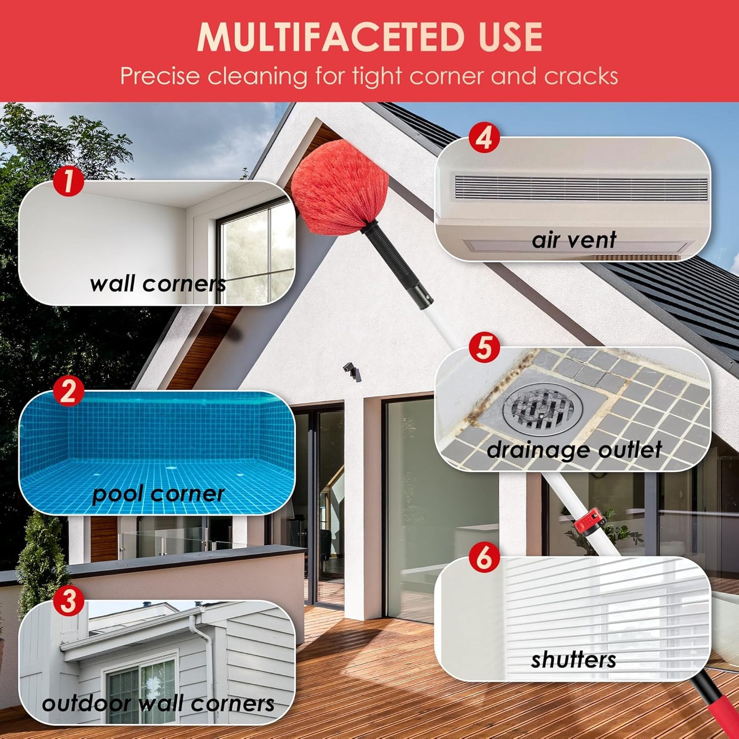 5-12 FT Cobweb Duster with Extension Pole, 20 FT High Reach Spider Web Brush with Telescopic Pole, Extendable Duster with 2 Outdoor Cobweb Brushes, Duster for High Ceiling