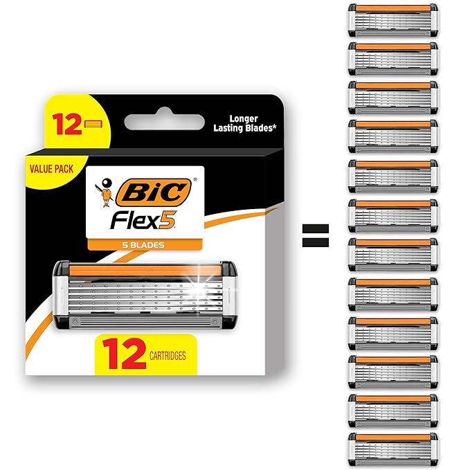 BIC Flex 5 Refillable Men's 5 Blade Razors Refills, Durable Blades, Precision Edging, 12 Refill Cartridges