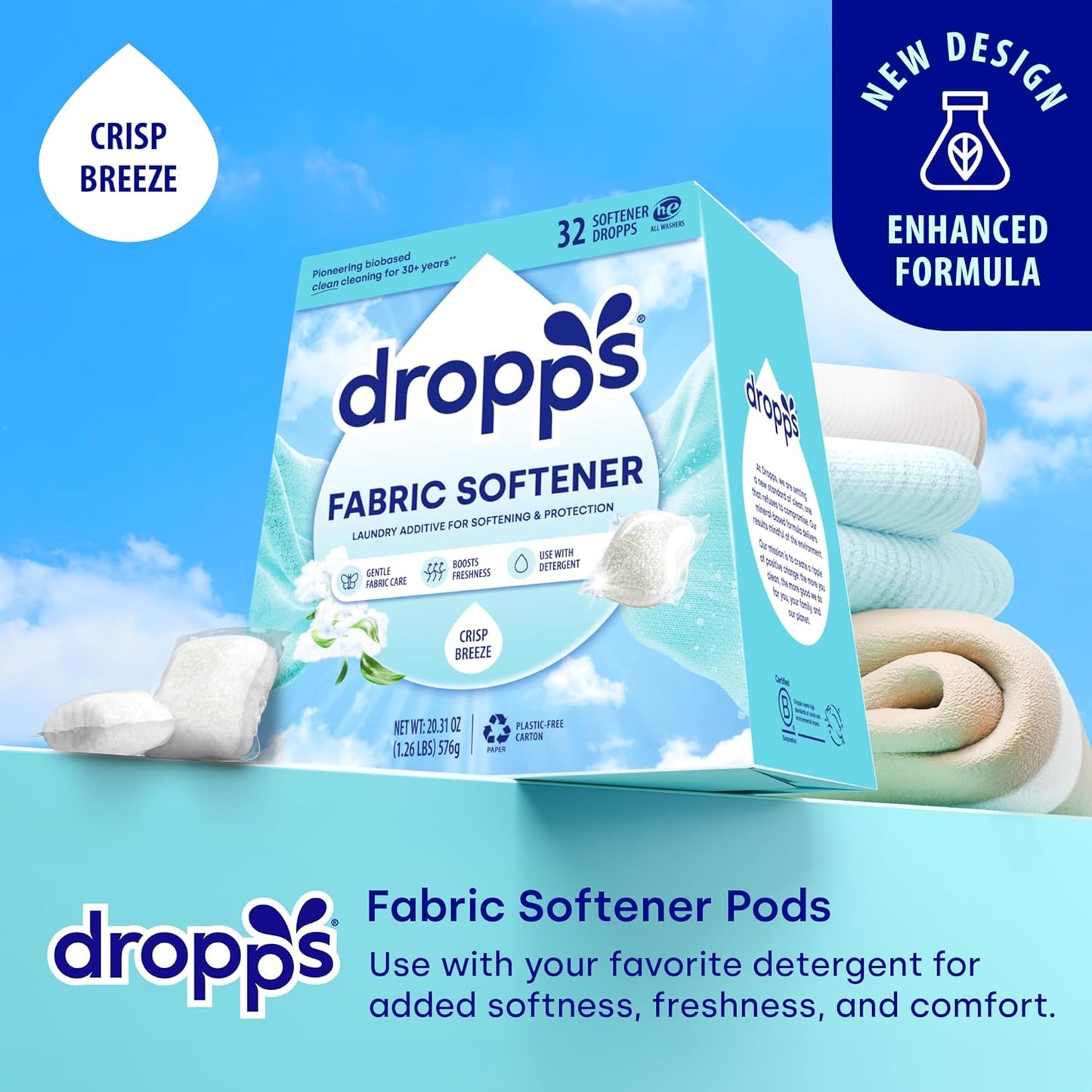 Dropps Laundry Fabric Softener Pods, Crisp Breeze (32 Pods) - Laundry Additive for Softening & Protection - HE Compatible Mineral Based Ingredients Laundry Supplies