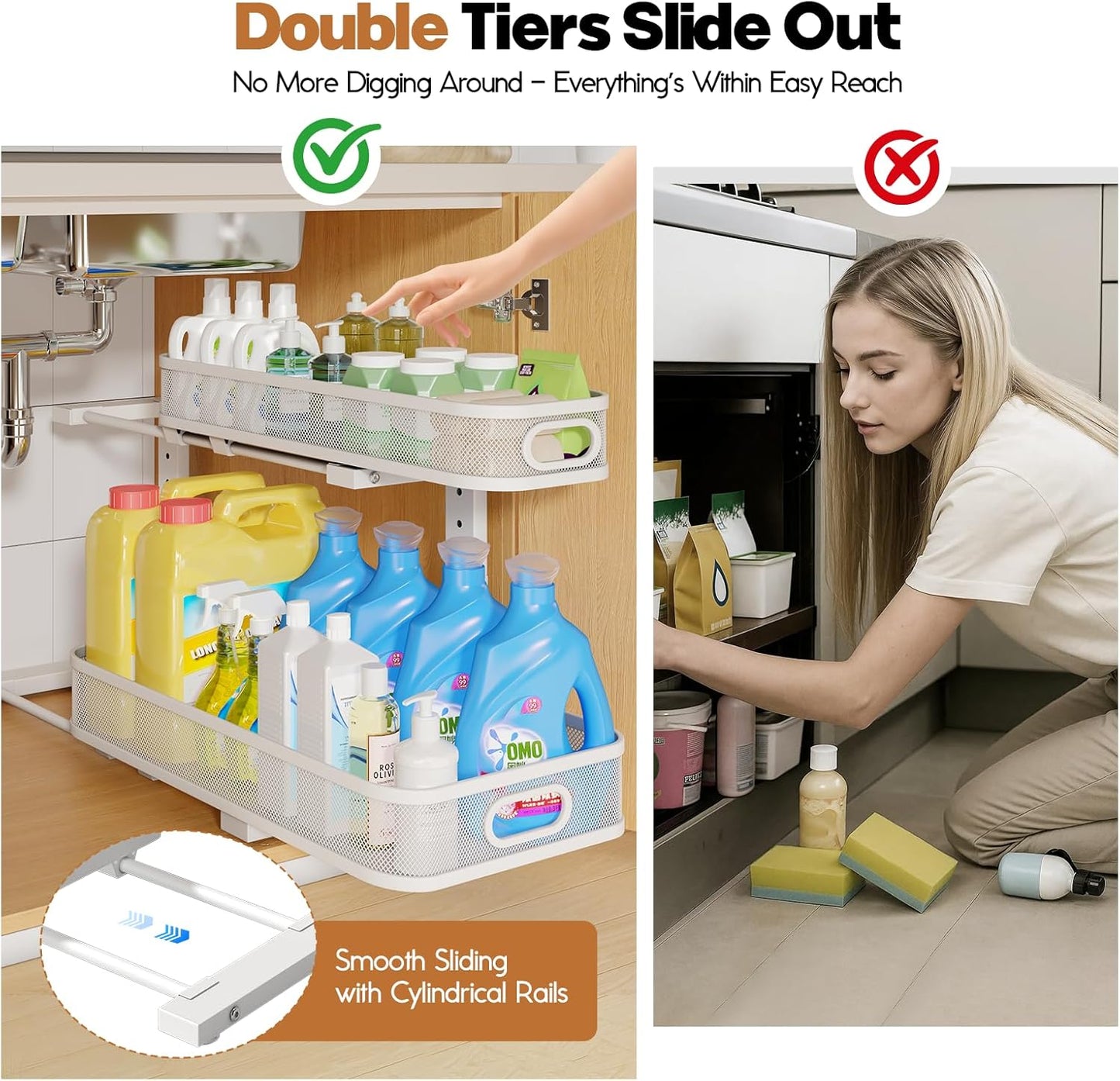 2 Pack 21.3IN-Depth Under Sink Organizer with Smooth Cylindrical Rail,2-Tier Pull Out Multi-Purpose Cabinet Storage for Bathroom&Kitchen,Height Adjustable,Rust-Resistant Coating-White