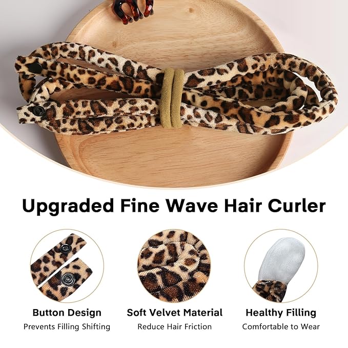 Velvet Heatless Curls Overnight Hair Curlers to Sleep In, Overnight Curls Thin Heatless Hair Curler - No Heat Curlers for Long Hair Volume, Heatless Curling Set with Bonnet - Leopard Print