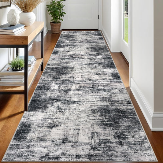 IOHOUZE Abstract Runner Rug 3x12 Ft Washable Runners for Hallways, Non Slip Kitchen Runner Printed Faux Wool Entryway Runner Indoor, Modern Abstract Floor Carpet for Hall Kitchen, Black Grey