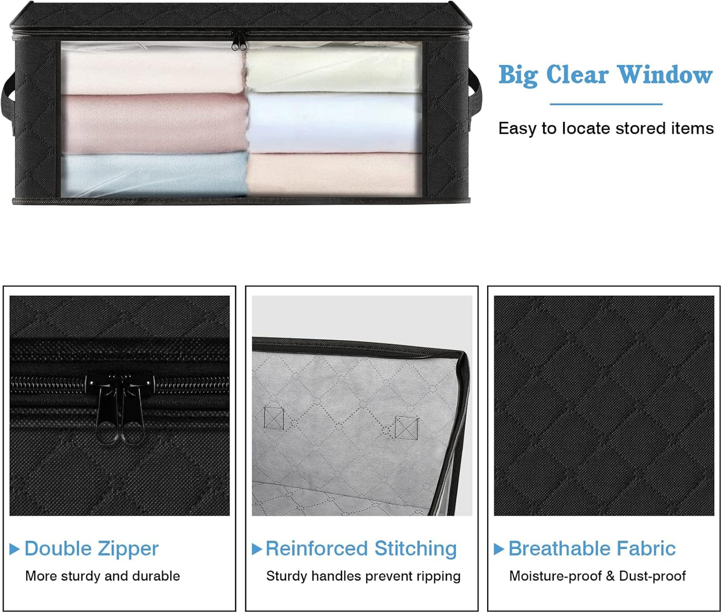 HomeHacks Storage 8-Pack Clothes Organizer Storage Bags Foldable Storage Box with Large Clear Window Sturdy Handles for Closet, Dorm, Pillows, Bedding, Clothes, Blankets, 35L, Black