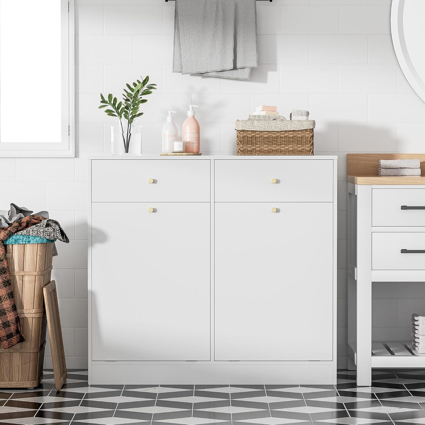 Double Tilt Out Trash Can Cabinet with 2 Drawers, Trash Storage Cabinet, Hidden Garbage Bin, Free Standing Laundry Sorter Organizer for Kitchen Dining Living Room, Bathroom, White