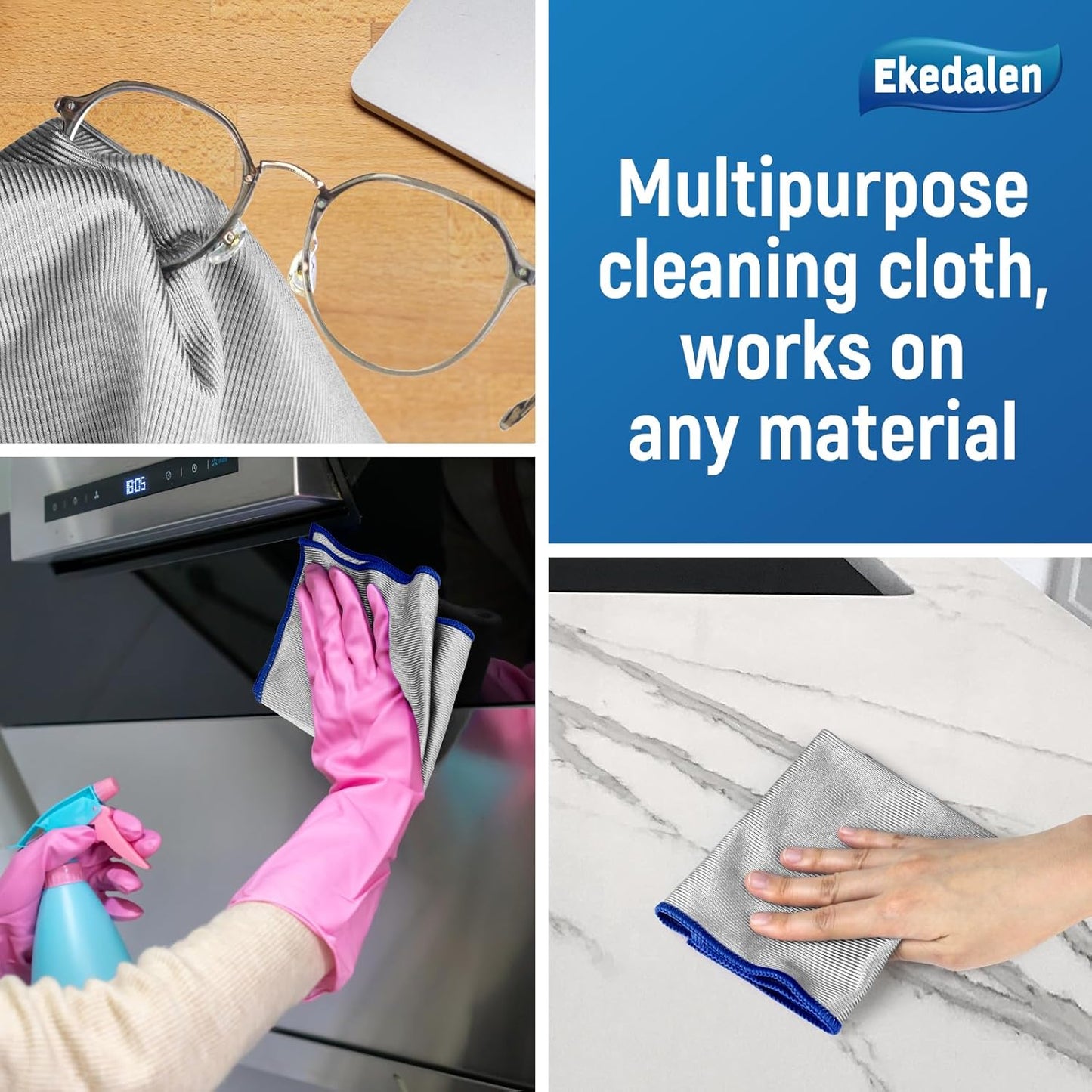 Microfiber Cleaning Cloth Polishing Glass Cleaner Absorbent Kitchen Towel Quick Drying Miracle Lint Free Rags for Household Auto Detailing Bathroom, Pack of 6, 12 x 12 Inch, Sliver-Blue