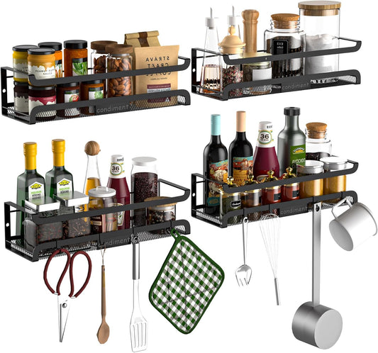 Spice Rack Wall Mount with Hooks - Spice Racks Organizer for Cabinet Storage, Wall Mounted Hanging Shelf Seasoning Organizer, for Kitchen, Pantry Door, Bathroom (Black, 4 Pack)