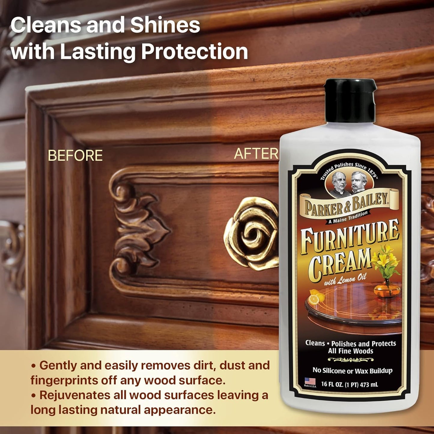 PARKER & BAILEY FURNITURE CREAM - Multisurface Wood Cleaner And Polish Furniture Quick Shine Restorer Protector Kitchen Cabinets Surface Cleaner House Cleaning Supplies Home Improvement, 16oz