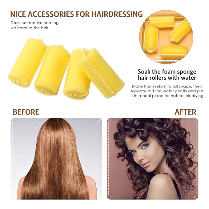 Syhood 48 Pcs Foam Sponge Hair Rollers Soft Sleeping Curlers Flexible Sponge Curler and Rat Tail Comb for Women Hairdressing Styling(Yellow,1.18 inch)