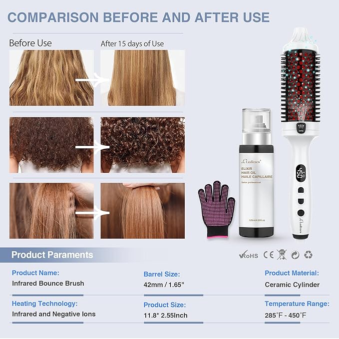 Infrared Bounce Brush, Heated Thermal Round Brush with Negative Ion Technology, 8 Heat Settings for Blowout Look with Hair Care Oil, Straightening & Curling, 1.65" Barrel for All Hair Types, White