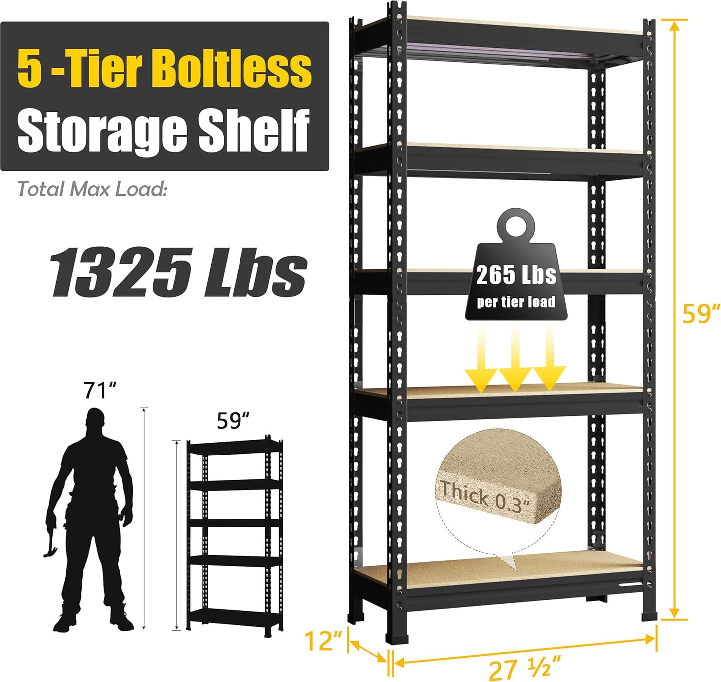 PrimeZone Storage Shelves 5 Tier Adjustable Garage Storage Shelving, Heavy Duty Metal Storage Utility Rack Shelf Unit for Warehouse Pantry Closet Kitchen, 28" x 12" x 59", Black