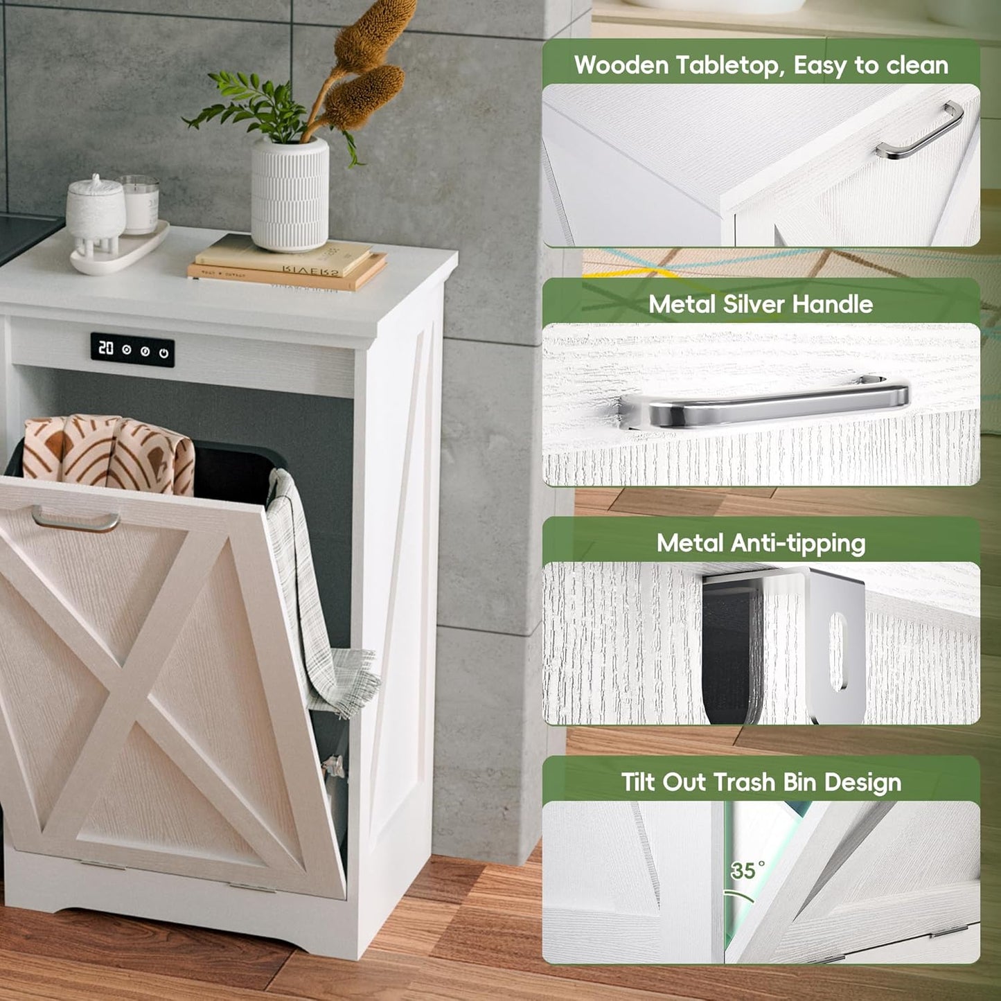 Betterhood TOLEAD Tilt Out Trash Can Cabinet, Hidden Trash Bin with Deodorizing & Negative Ion System, Pet-Proof Kitchen Waste Cabinet for Kitchen, Dining Room, Living Room (White, 1 * 13 Gallons)