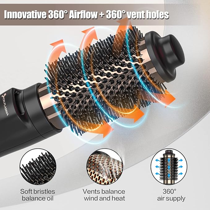Dan Technology Blow Dryer Brush 1.5 Inch Round Blowout Brush 4-in-1 Hot Air Hair Dryer Brush & Styler, Comb, Straightener & Curler with Titanium & Ionic (Black-Rose Gold)