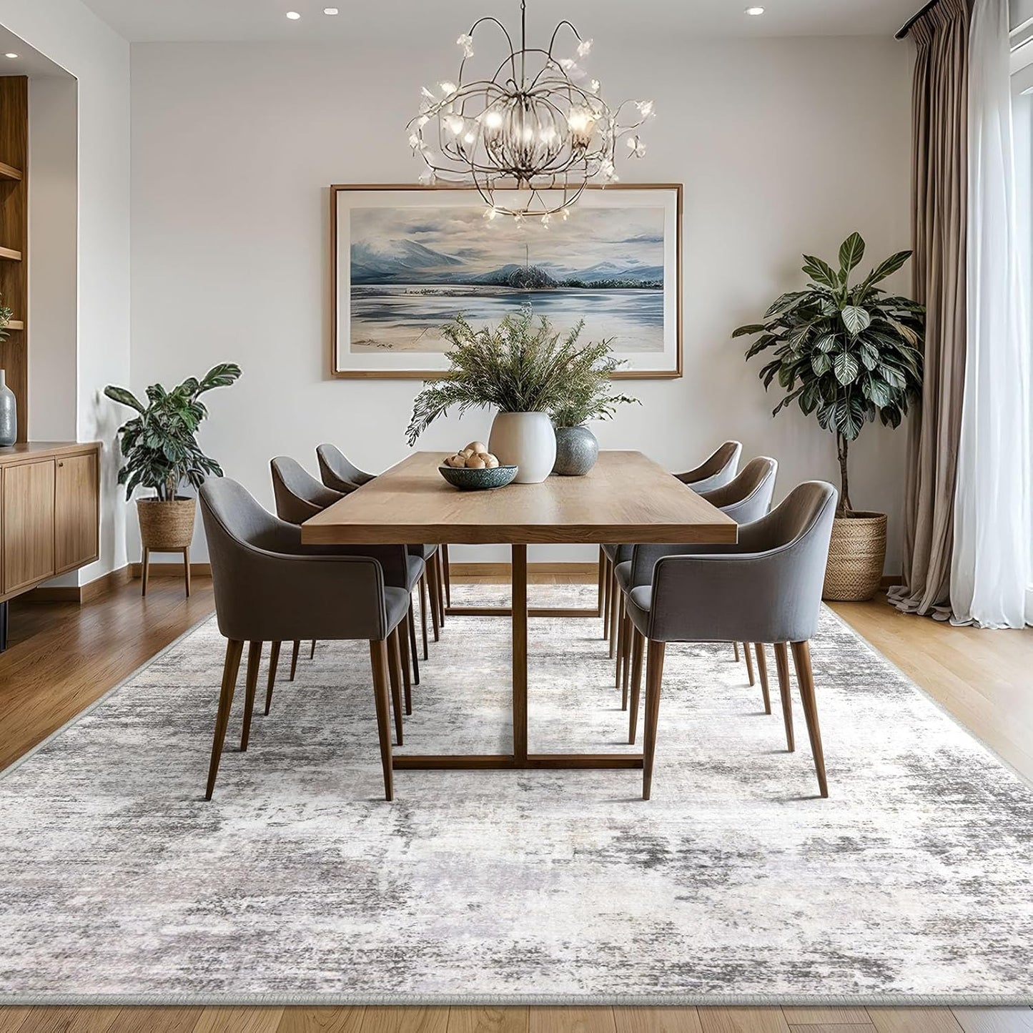 IOHOUZE Abstract Area Rugs 8x10 Ft Washable Large Rugs for Living Room, Non Slip Dining Room Rug, Printed Faux Wool Rugs for Bedroom, Floor Carpet for Office Nursery Playroom, Grey Beige