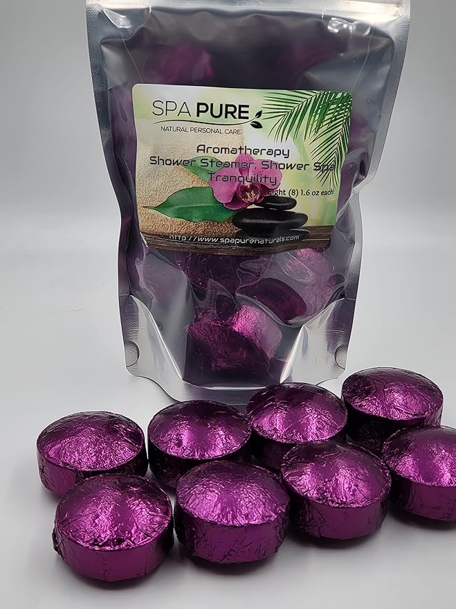 Spa Pure TRANQUILITY Aromatherapy Shower Bombs made in USA with 100% Natural/Organic Essential Oils - Transform Your Shower - Transform Your Mood (8 Count) Pack of 1