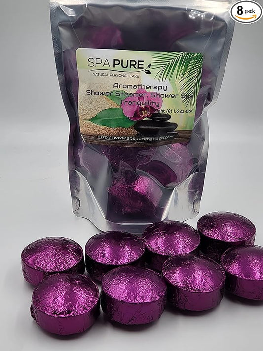 Spa Pure TRANQUILITY Aromatherapy Shower Bombs made in USA with 100% Natural/Organic Essential Oils - Transform Your Shower - Transform Your Mood (8 Count) Pack of 1