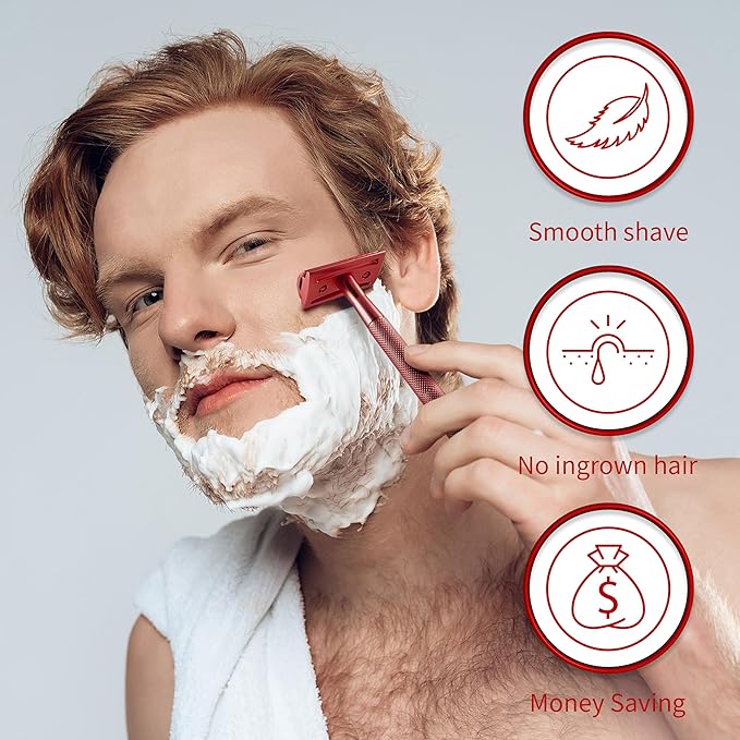 Bambaw Double Edge Safety Razor with Stand, Safety Shaving Razor with 5 Double Edge Safety Razor Blades, Eco-Friendly Razor for Shaving – Red