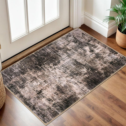 IOHOUZE Small Abstract Area Rug 2x3 Ft Entryway Rugs Washable Door Mat Indoor Entrance, Rubber Backed Throw Rugs, Printed Faux Wool Non Slip Floor Carpet for Foyer Front Door Sink, Brown/Rust