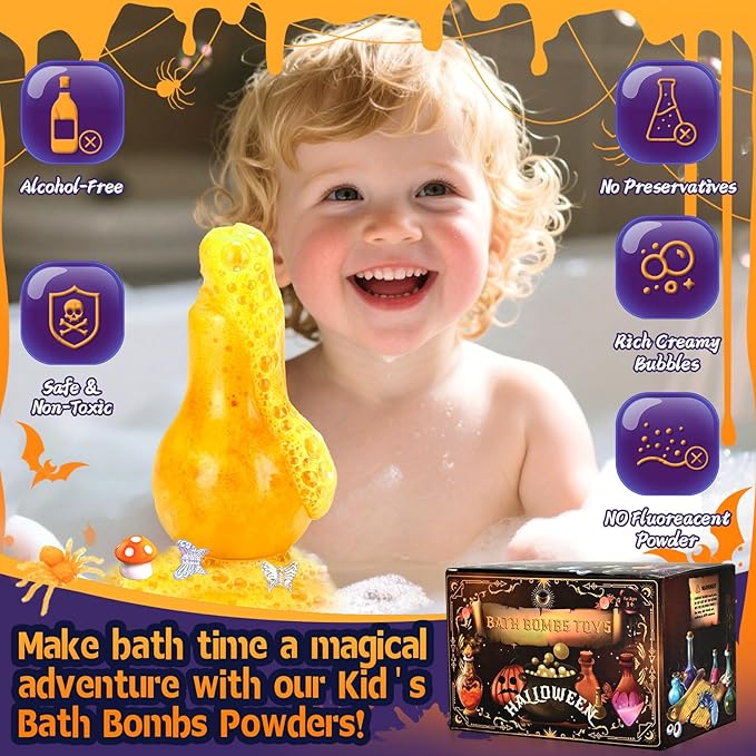 Kids Bath Bomb Potions, 6 Pack – Magic Potion Bubble Bath Bombs with 13 Mini Toy for Toddlers Ages 3-8, Rich in Natural Essential Oils, Science Soap Potion Bottles Kit & Halloween Fizzes Eruption Gift