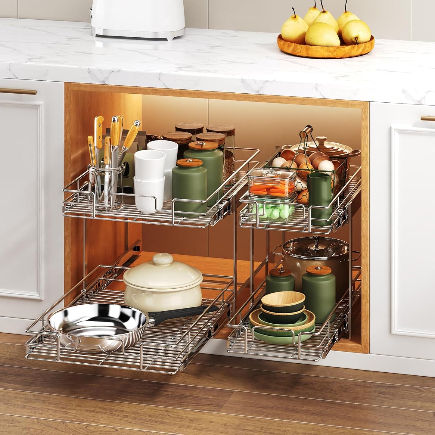 2 Tier Individual Pull Out Cabinet Organizer 22½" W x 21½" D, Heavy Duty Cabinet Pull Out Shelves, Slide Out Drawers Organization for Kitchen Cabinets Bathroom