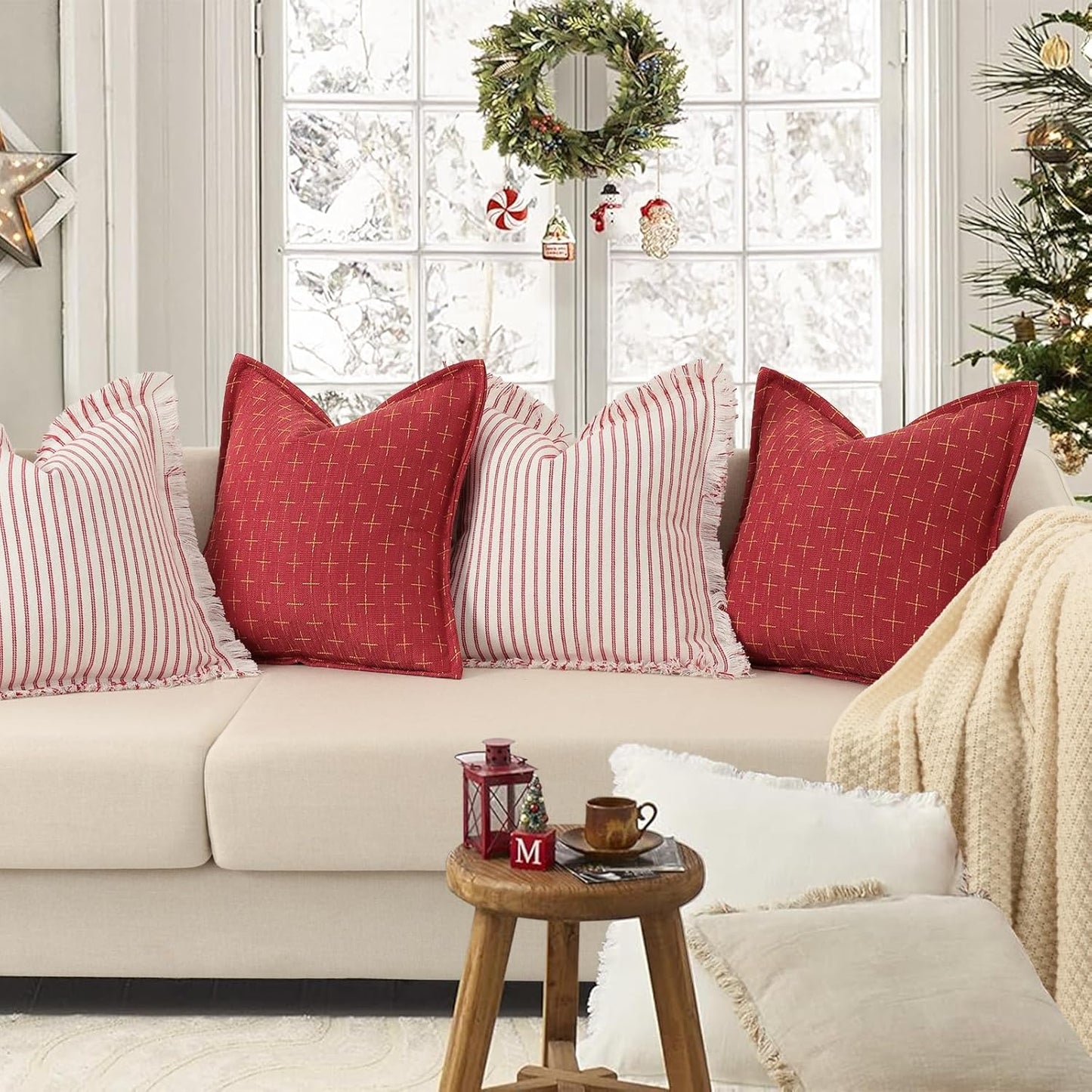 ZWJD Christmas Pillow Covers 12x20 Set of 2 Soft Polyester Textured Pillowcases with Stylish Flange Edge Cozy Farmhouse Christmas Pillows for Couch Bed Sofa Living Room (Red)