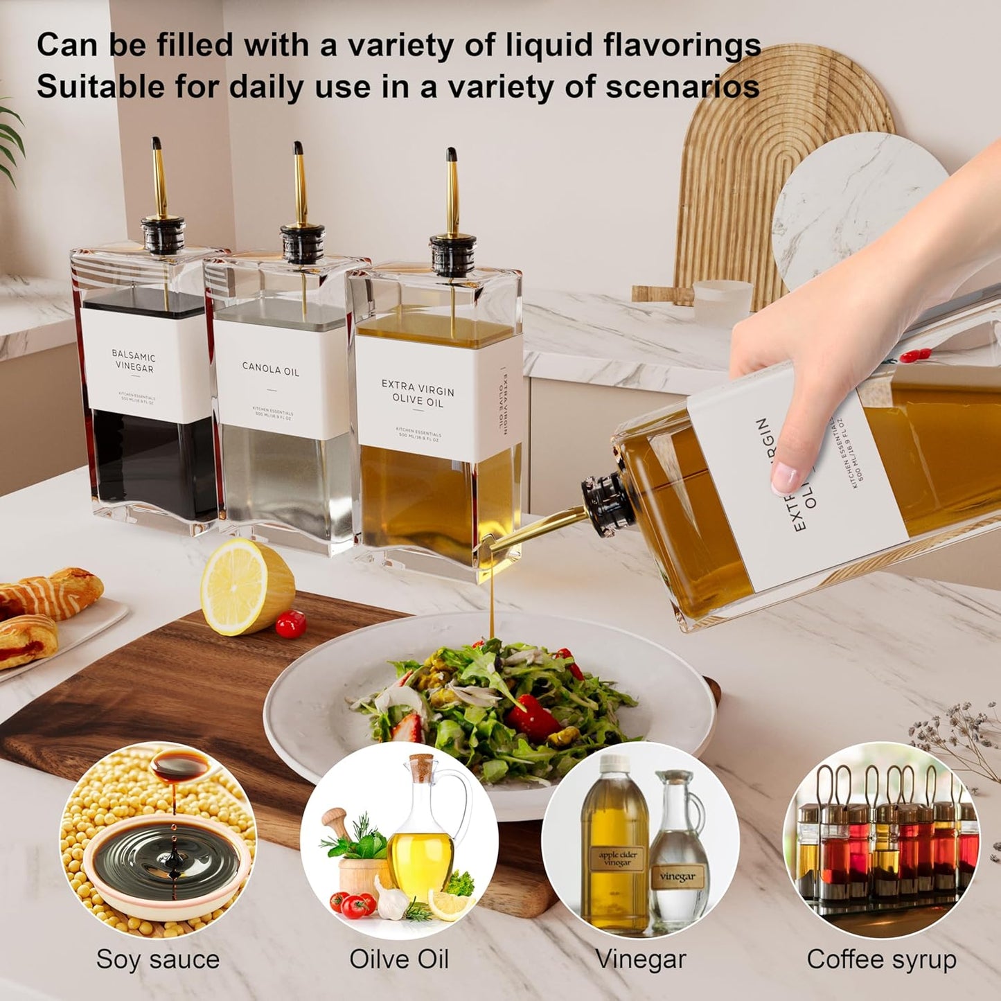 Olive Oil Dispenser for Kitchen, 16.9 oz/ 500 ml Olive Oil Dispenser Bottle, Glass Oil Bottles for Kitchen with 4 Stainless Steel Pourers, 40 Labels, 2 Pcs, Gold